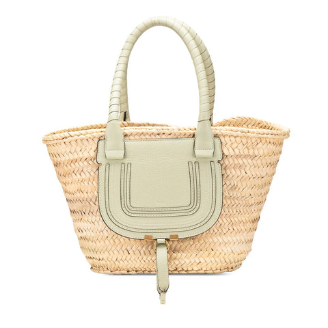 クロエ マーシー ミディアム トートバッグ かごバッグ ベージュ グリーン ラフィア レザー レディース Chloe 【中古】