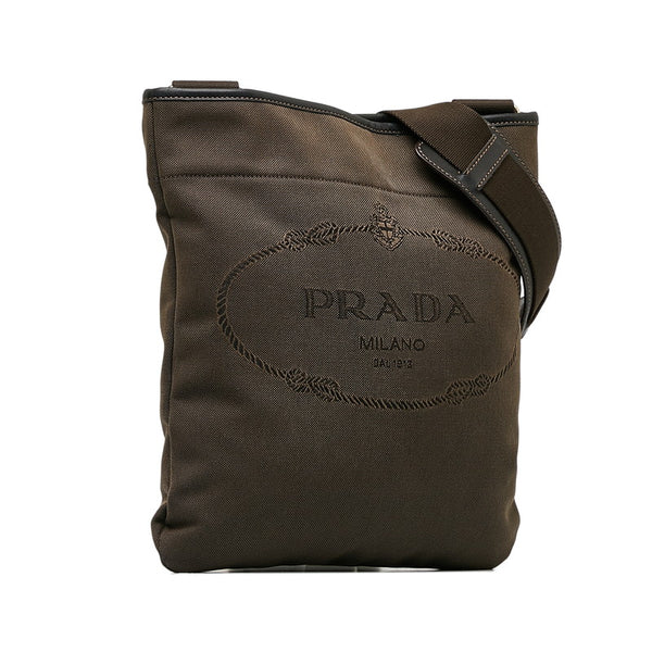 プラダ ロゴジャガード 斜め掛け ショルダーバッグ ブラウン キャンバス レザー レディース PRADA 【中古】