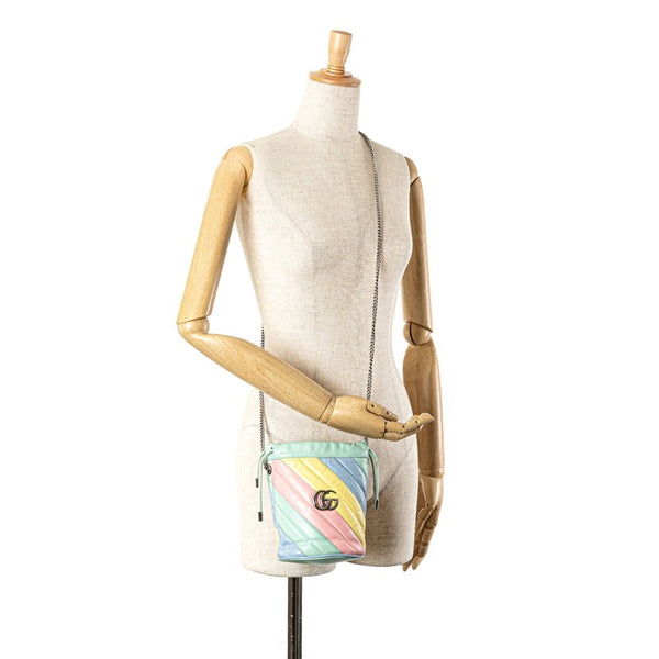 グッチ GGマーモント ミニ バケットバッグ 斜め掛け チェーン ショルダーバッグ 575163 ライトグリーン マルチカラー レザー レディース GUCCI 【中古】