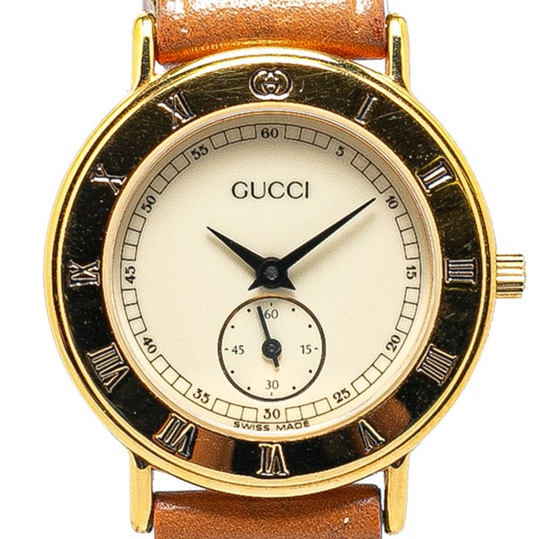 グッチ スモールセコンド 腕時計 3000.2.L クオーツ アイボリーホワイト文字盤 メッキ レザー レディース GUCCI 【中古】