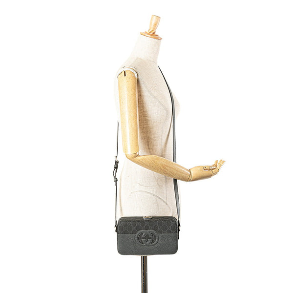 グッチ カットアウト インターロッキングG ショルダーバッグ 725341 グレー ブラック PVC レザー レディース GUCCI 【中古】