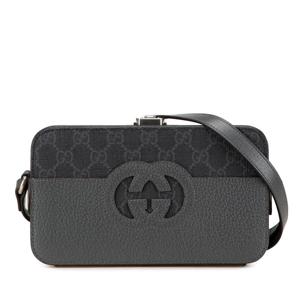 グッチ カットアウト インターロッキングG ショルダーバッグ 725341 グレー ブラック PVC レザー レディース GUCCI 【中古】