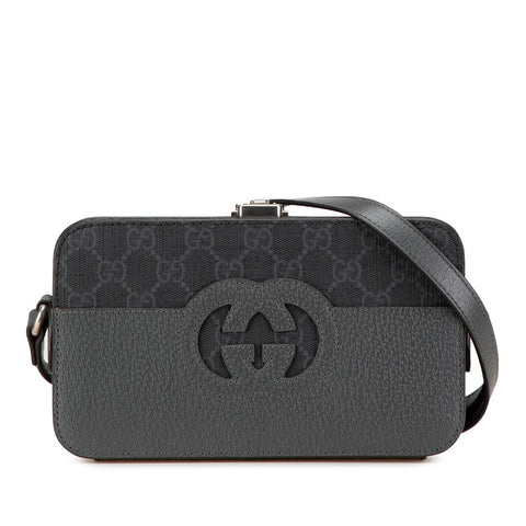 グッチ カットアウト インターロッキングG ショルダーバッグ 725341 グレー ブラック PVC レザー レディース GUCCI 【中古】