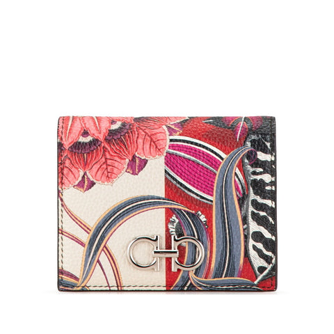 サルヴァトーレフェラガモ ガンチーニ 花 フラワー モチーフ 二つ折り財布 ベージュ レッド マルチカラー レザー レディース Salvatore Ferragamo 【中古】