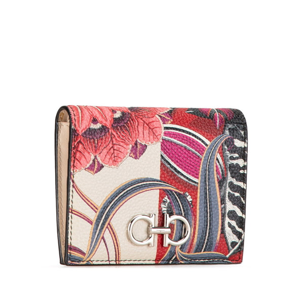 サルヴァトーレフェラガモ ガンチーニ 花 フラワー モチーフ 二つ折り財布 ベージュ レッド マルチカラー レザー レディース Salvatore Ferragamo 【中古】