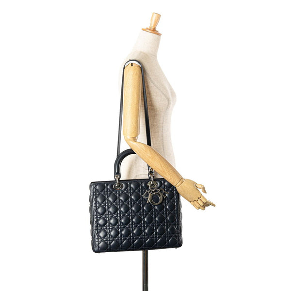 ディオール レディディオール カナージュ ハンドバッグ ショルダーバッグ 2WAY ネイビー ラムスキン レディース Dior 【中古】