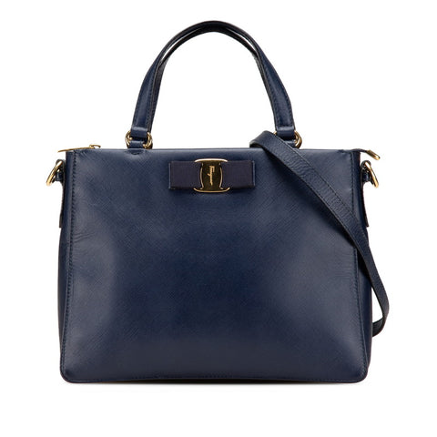 サルヴァトーレフェラガモ ヴァラリボン ハンドバッグ ショルダーバッグ 2WAY AB-21 E298 ネイビー レザー レディース Salvatore Ferragamo 【中古】