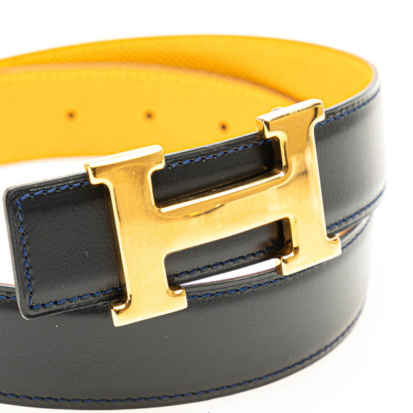 エルメス Hベルト コンスタンス ベルト 70 ネイビー イエロー ボックスカーフ ヴォーエプソン レディース HERMES 【中古】