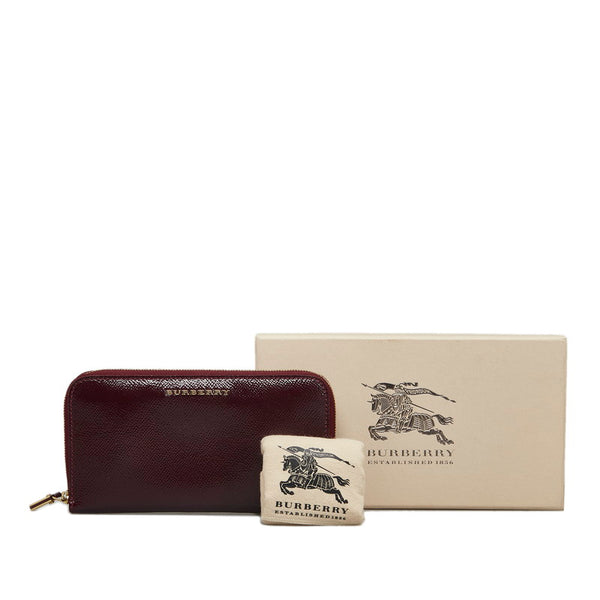 バーバリー ラウンドファスナー 長財布 ワインレッド エナメル レディース BURBERRY 【中古】