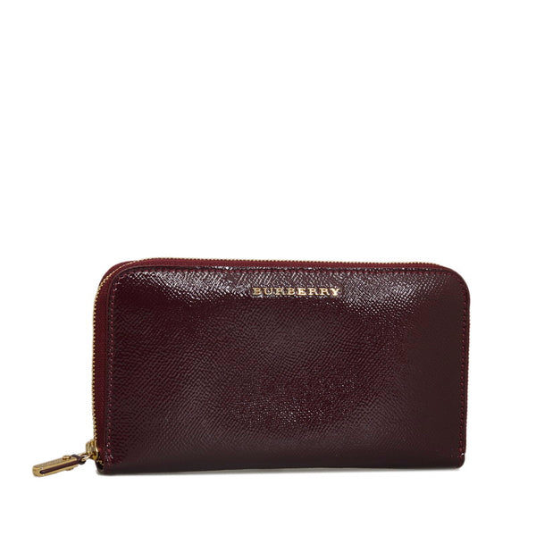 バーバリー ラウンドファスナー 長財布 ワインレッド エナメル レディース BURBERRY 【中古】