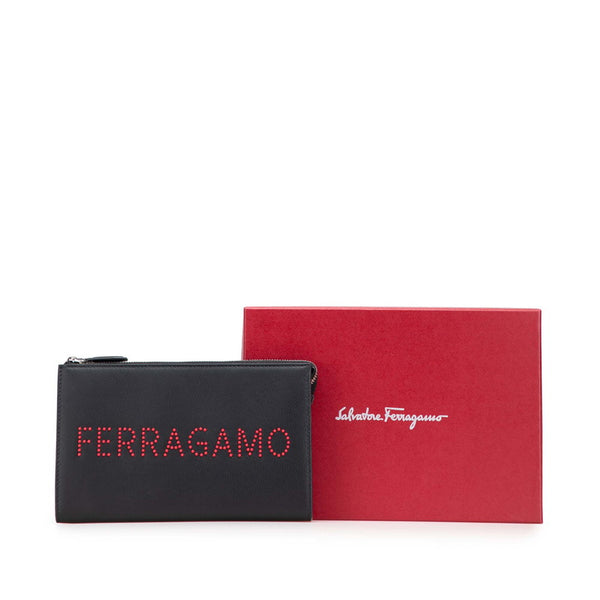 サルヴァトーレフェラガモ ロゴスタッズ クラッチバッグ ポーチ 24A121  ブラック レッド カーフレザー レディース Salvatore Ferragamo 【中古】