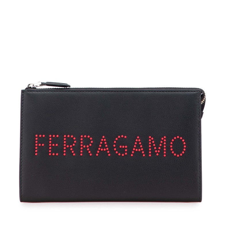 サルヴァトーレフェラガモ ロゴスタッズ クラッチバッグ ポーチ 24A121  ブラック レッド カーフレザー レディース Salvatore Ferragamo 【中古】