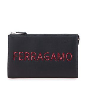 サルヴァトーレフェラガモ ロゴスタッズ クラッチバッグ ポーチ 24A121  ブラック レッド カーフレザー レディース Salvatore Ferragamo 【中古】