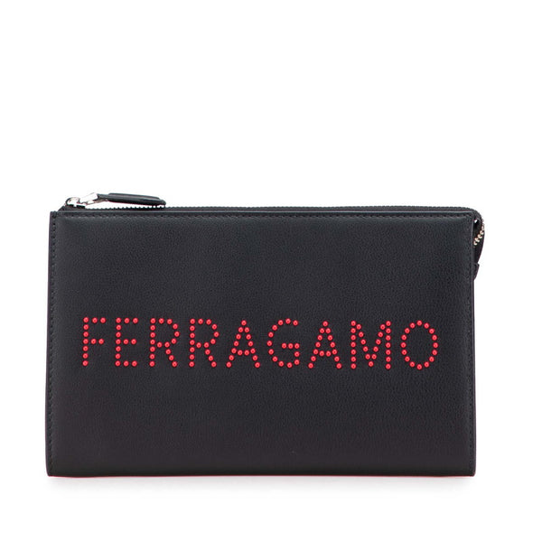 サルヴァトーレフェラガモ ロゴスタッズ クラッチバッグ ポーチ 24A121  ブラック レッド カーフレザー レディース Salvatore Ferragamo 【中古】
