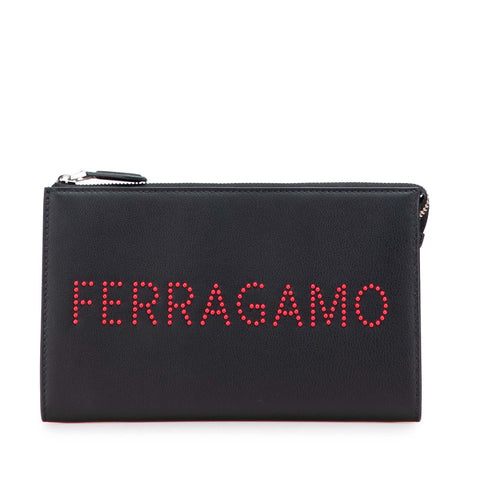 サルヴァトーレフェラガモ ロゴスタッズ クラッチバッグ ポーチ 24A121  ブラック レッド カーフレザー レディース Salvatore Ferragamo 【中古】