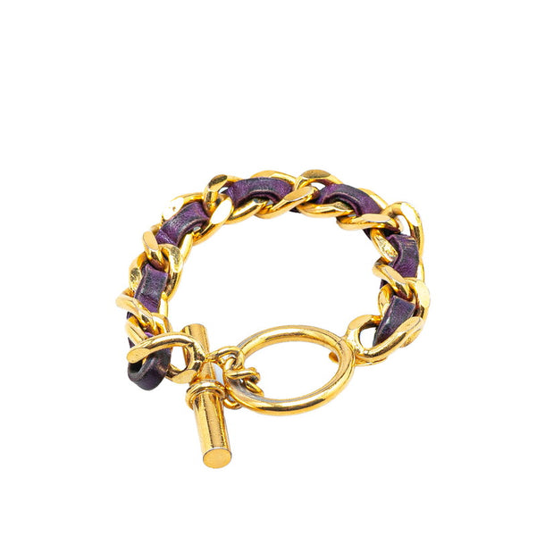 シャネル チェーン Tバー ブレスレット ゴールド パープル メッキ レザー レディース CHANEL 【中古】