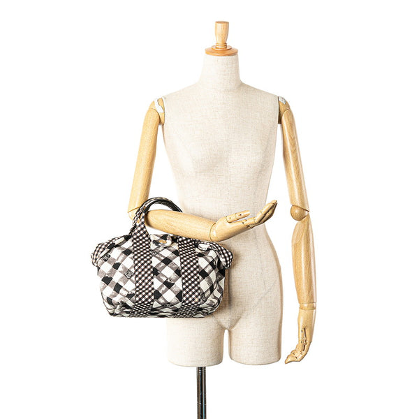 シャネル クルーズライン ギンガムチェック ココマーク ハンドバッグ ブラック ホワイト キャンバス レザー レディース CHANEL 【中古】