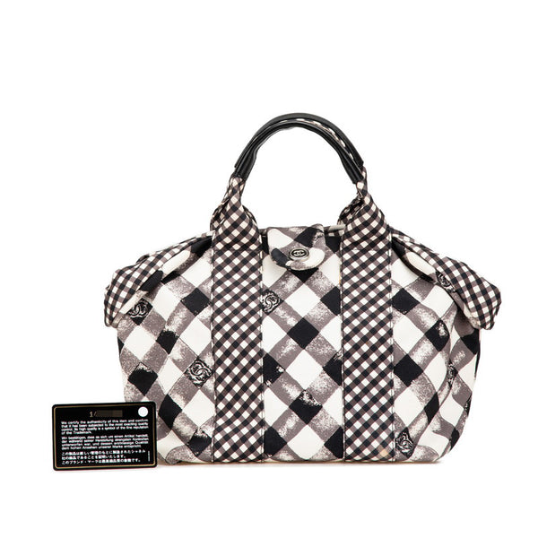 シャネル クルーズライン ギンガムチェック ココマーク ハンドバッグ ブラック ホワイト キャンバス レザー レディース CHANEL 【中古】