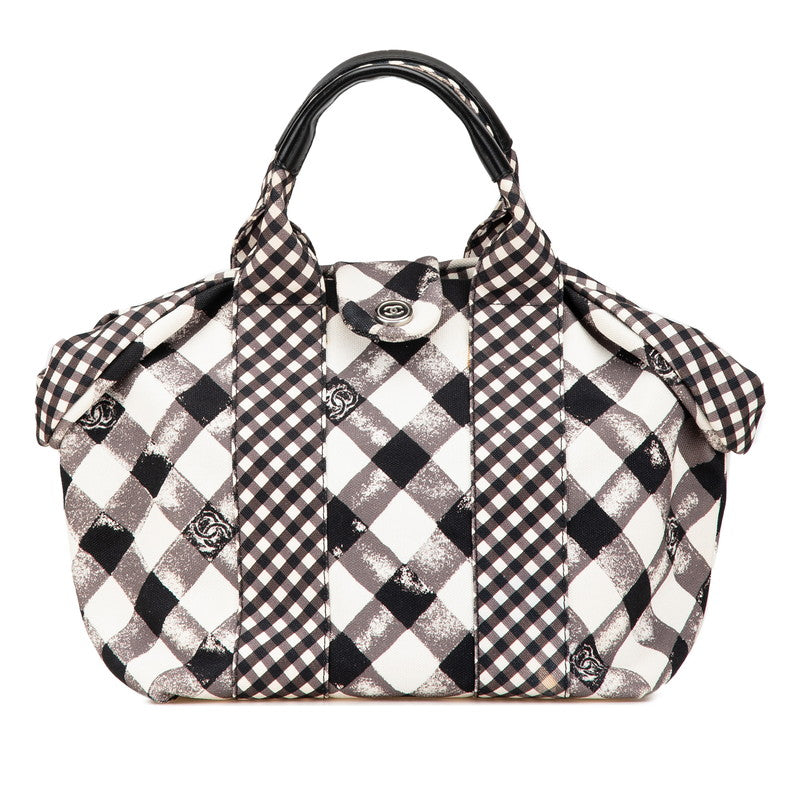 シャネル クルーズライン ギンガムチェック ココマーク ハンドバッグ ブラック ホワイト キャンバス レザー レディース CHANEL 【中古】