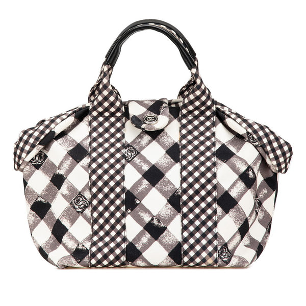シャネル クルーズライン ギンガムチェック ココマーク ハンドバッグ ブラック ホワイト キャンバス レザー レディース CHANEL 【中古】