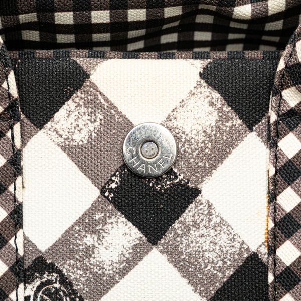 シャネル クルーズライン ギンガムチェック ココマーク ハンドバッグ ブラック ホワイト キャンバス レザー レディース CHANEL 【中古】