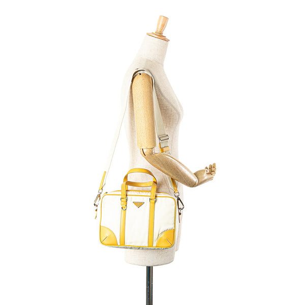 プラダ 三角ロゴプレート ハンドバッグ ショルダーバッグ 2WAY ホワイト イエロー ナイロン レザー レディース PRADA 【中古】