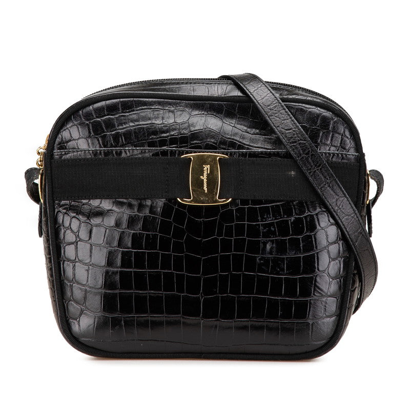 サルヴァトーレフェラガモ ヴァラ クロコ型押し 斜め掛け ショルダーバッグ AF-21 6677 ブラック レザー レディース Salvatore Ferragamo 【中古】