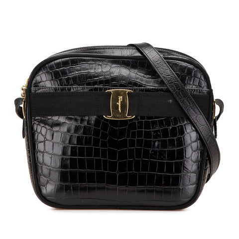 サルヴァトーレフェラガモ ヴァラ クロコ型押し 斜め掛け ショルダーバッグ AF-21 6677 ブラック レザー レディース Salvatore Ferragamo 【中古】