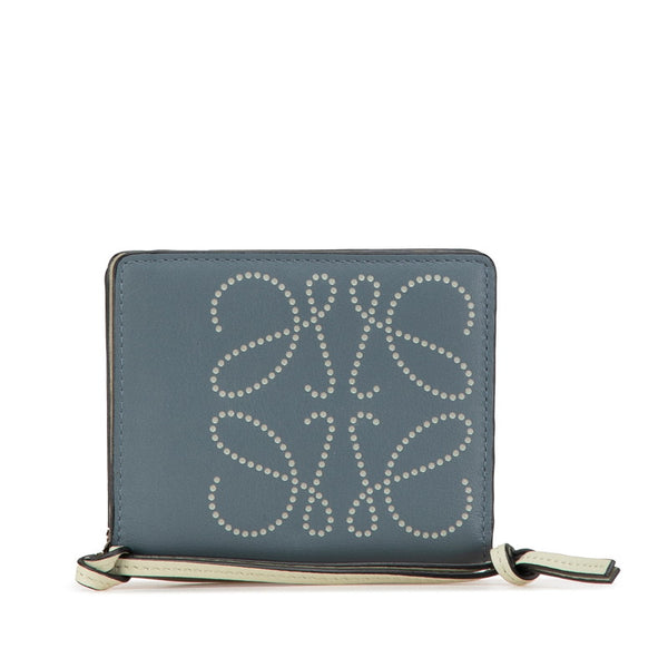 ロエベ アナグラム 二つ折り財布 コンパクトウォレット ブルー レザー レディース LOEWE 【中古】