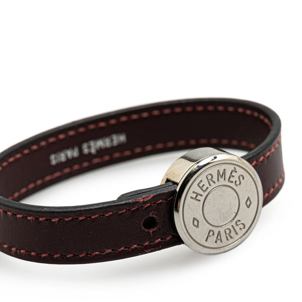 エルメス セリエ ルーピング ブレスレット バングル ワインレッド シルバー レザー メタル レディース HERMES 【中古】