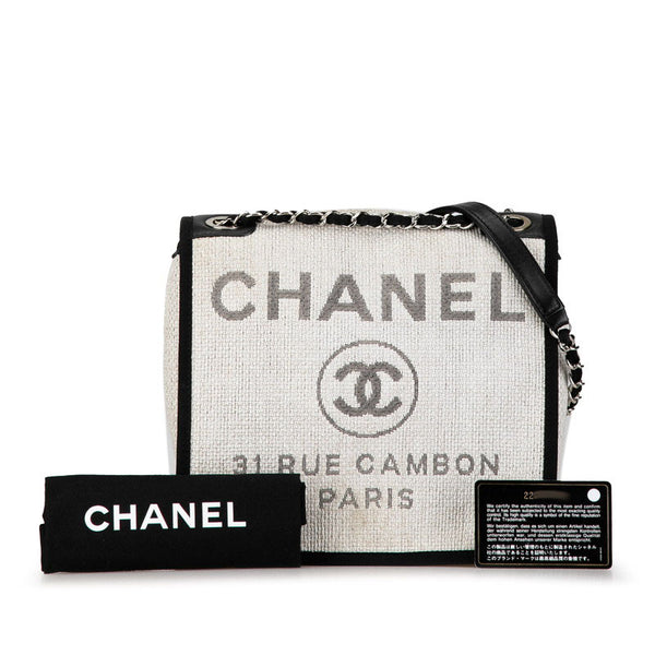シャネル ココマーク ロゴ ドーヴィル チェーン トートバッグ ショルダーバッグ ホワイト ブラック キャンバス レザー レディース CHANEL 【中古】