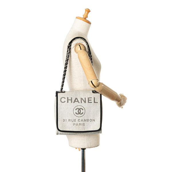 シャネル ココマーク ロゴ ドーヴィル チェーン トートバッグ ショルダーバッグ ホワイト ブラック キャンバス レザー レディース CHANEL 【中古】