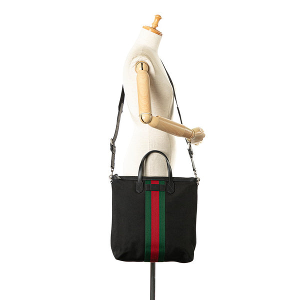 グッチ シェリーライン トートバッグ ショルダーバッグ 2WAY 619751 ブラック キャンバス レザー レディース GUCCI 【中古】