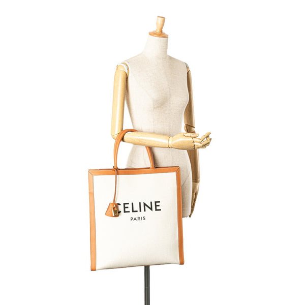 セリーヌ バーティカルカバ ラージ ハンドバッグ トートバッグ ホワイト ブラウン キャンバス レザー レディース CELINE 【中古】