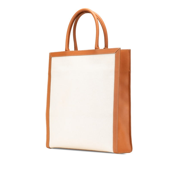 セリーヌ バーティカルカバ ラージ ハンドバッグ トートバッグ ホワイト ブラウン キャンバス レザー レディース CELINE 【中古】
