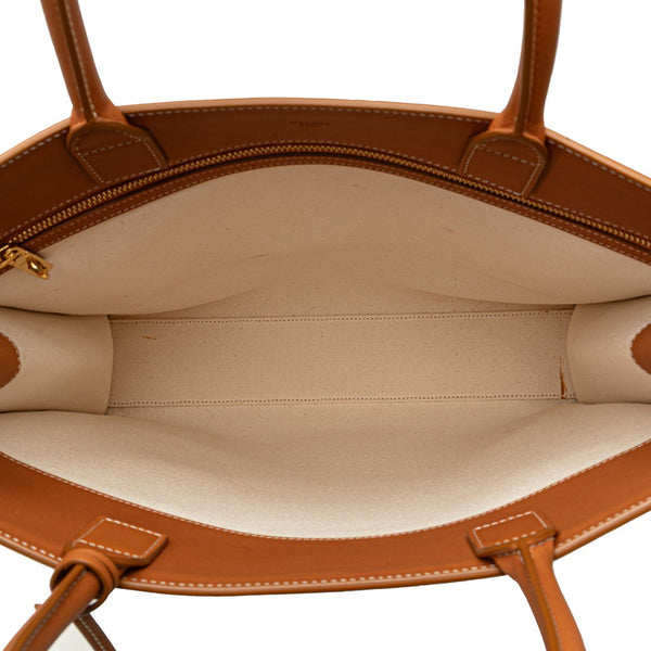 セリーヌ バーティカルカバ ラージ ハンドバッグ トートバッグ ホワイト ブラウン キャンバス レザー レディース CELINE 【中古】