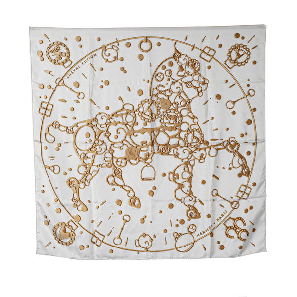 エルメス カレ90 Cheval Fusion シュヴァル フュージョン スカーフ アイボリー ホワイト マルチカラー シルク レディース HERMES 【中古】