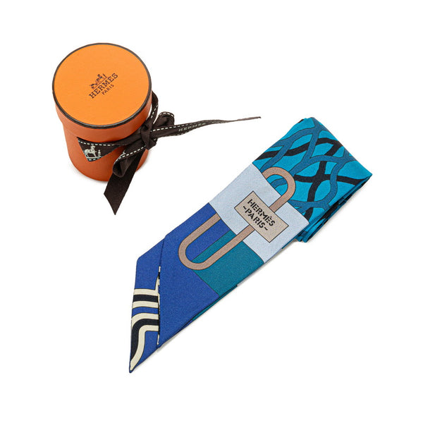 エルメス ツイリー スカーフ ブルー マルチカラー シルク レディース HERMES 【中古】