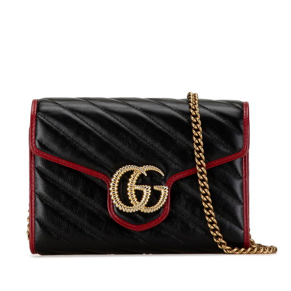 グッチ GGマーモント チェーン 斜め掛け ショルダーバッグ 573807 ブラック レッド レザー レディース GUCCI 【中古】