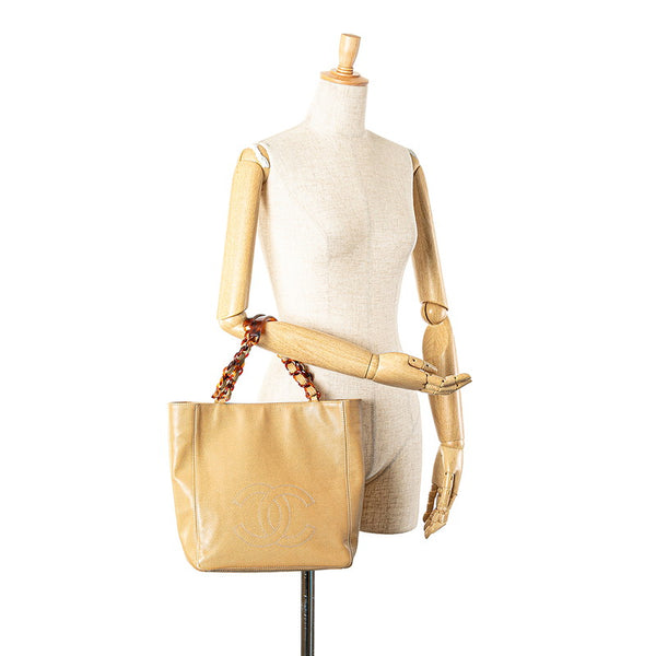 シャネル ココマーク チェーン トートバッグ ショルダーバッグ ベージュ キャビアスキン プラスチック レディース CHANEL 【中古】