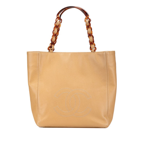 シャネル ココマーク チェーン トートバッグ ショルダーバッグ ベージュ キャビアスキン プラスチック レディース CHANEL 【中古】