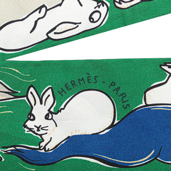 エルメス ツイリー Mille et Un Lapins 千と一のウサギ スカーフ グリーン マルチカラー シルク レディース HERMES 【中古】