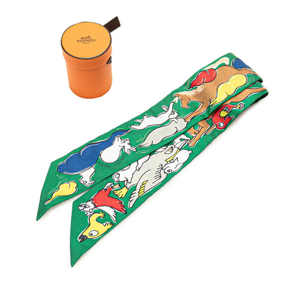 エルメス ツイリー Mille et Un Lapins 千と一のウサギ スカーフ グリーン マルチカラー シルク レディース HERMES 【中古】