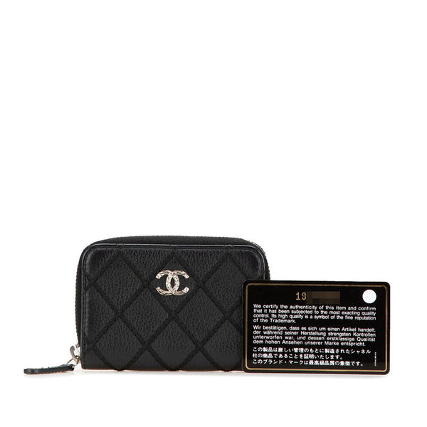 シャネル ココマーク ワイルドステッチ ラウンドファスナー コインケース コインパース ブラック レザー レディース CHANEL 【中古】