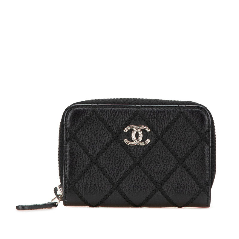 シャネル ココマーク ワイルドステッチ ラウンドファスナー コインケース コインパース ブラック レザー レディース CHANEL 【中古】