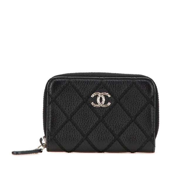 シャネル ココマーク ワイルドステッチ ラウンドファスナー コインケース コインパース ブラック レザー レディース CHANEL 【中古】