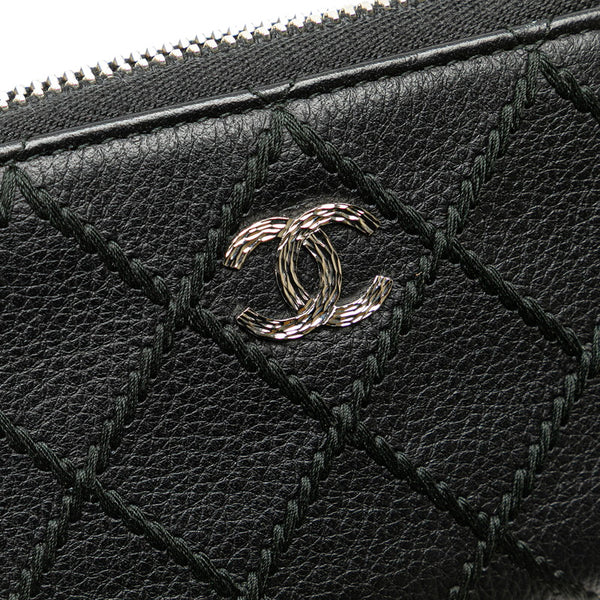 シャネル ココマーク ワイルドステッチ ラウンドファスナー コインケース コインパース ブラック レザー レディース CHANEL 【中古】