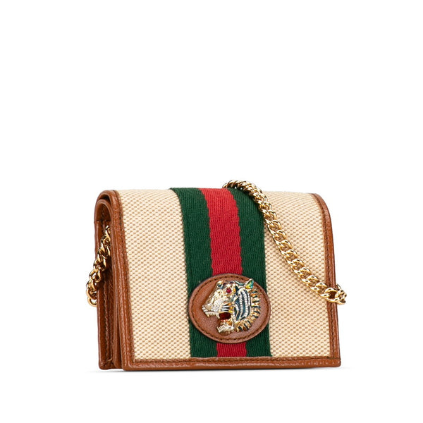 グッチ ラジャ シェリーライン チェーンウォレット 二つ折り財布 573790 ベージュ ブラウン キャンバス レザー レディース GUCCI 【中古】