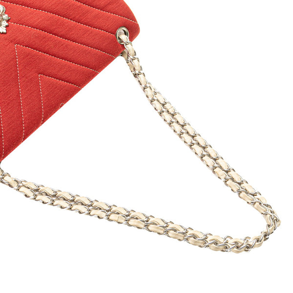 シャネル シェブロン ライオン チェーン ショルダーバッグ ハンドバック レッド ベージュ コットン レザー レディース CHANEL 【中古】