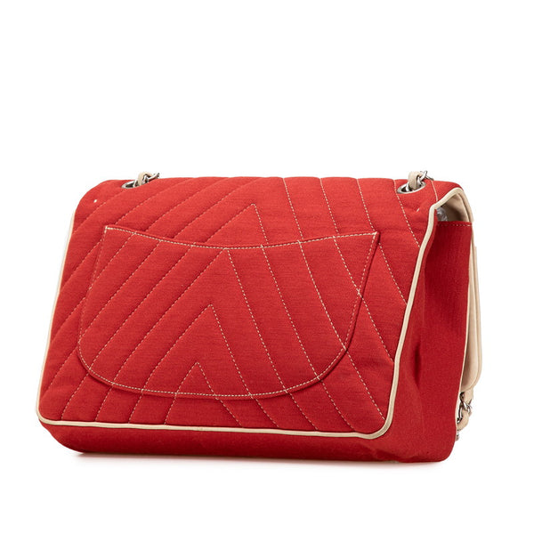 シャネル シェブロン ライオン チェーン ショルダーバッグ ハンドバック レッド ベージュ コットン レザー レディース CHANEL 【中古】